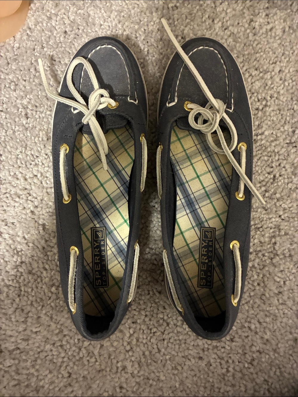 Sperry Navy Canvas Moccasins with Cream Laces
